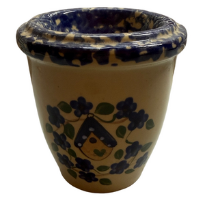 Handcrafted Ceramic Tartwarmer with Blue Floral Birdhouse Design